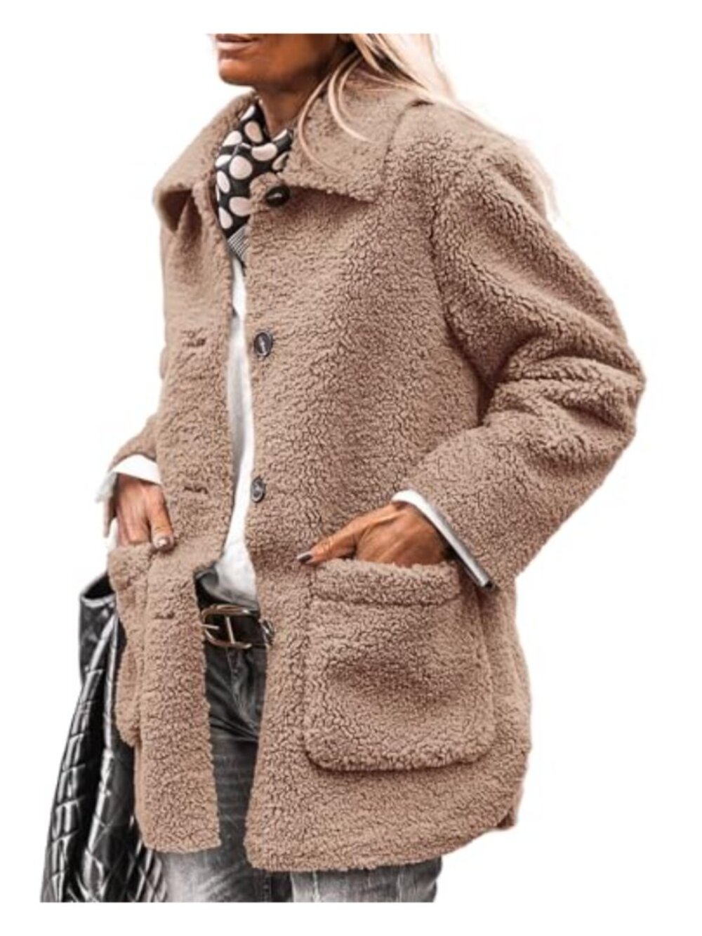 Faux Fur Sherpa Fleece Winter Coat Button Down Lapel Collar Warm Jacket